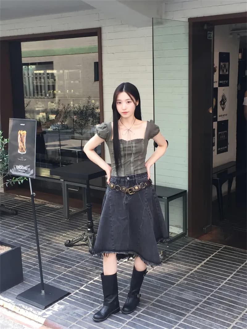 둘 색상 지금 26 여름 섹션 불규칙 연꽃 잎 거친 가장자리 데님 반신 스커트 상세 이미지 17