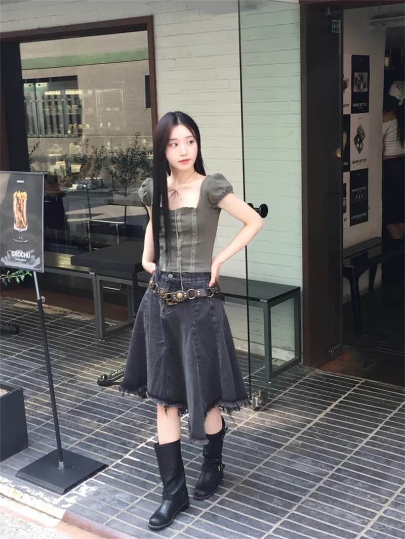 둘 색상 지금 26 여름 섹션 불규칙 연꽃 잎 거친 가장자리 데님 반신 스커트 상세 이미지 19