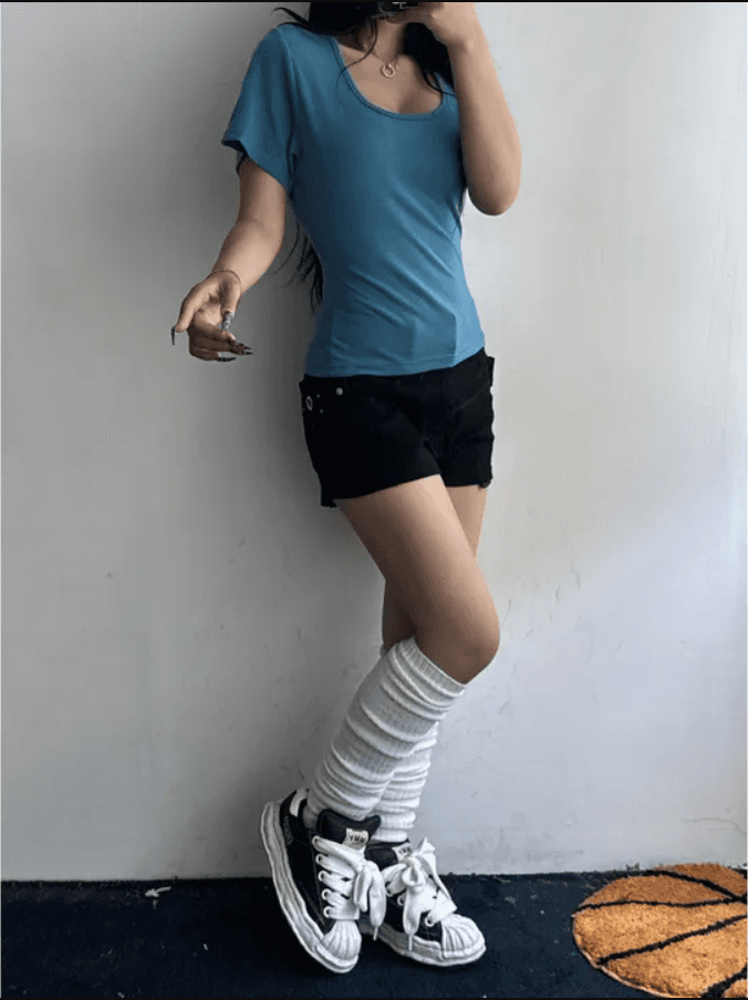 지금 작은 구멍 서클 버드 나무 못 디자인 단색 신축성 데님 반바지 상세 이미지 15