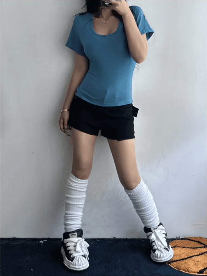 지금 작은 구멍 서클 버드 나무 못 디자인 단색 신축성 데님 반바지 상세 이미지 26