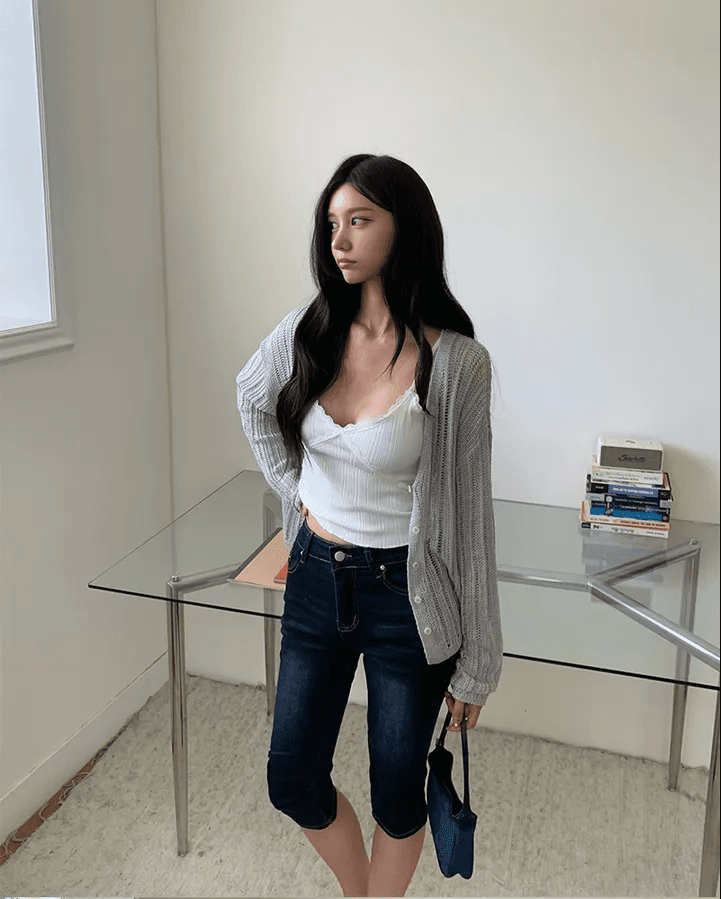 지금 다용도 타이트 팬츠 바닥 주름 디자인 무릎 아래 데님 7 점 반바지 상세 이미지 6