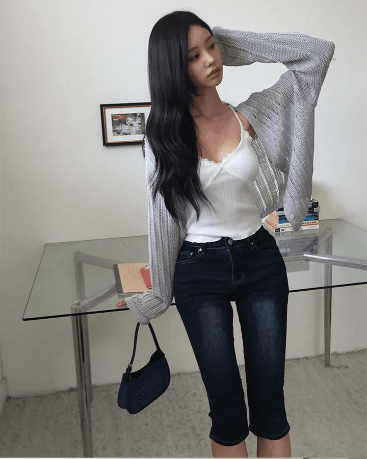 지금 다용도 타이트 팬츠 바닥 주름 디자인 무릎 아래 데님 7 점 반바지 상세 이미지 17
