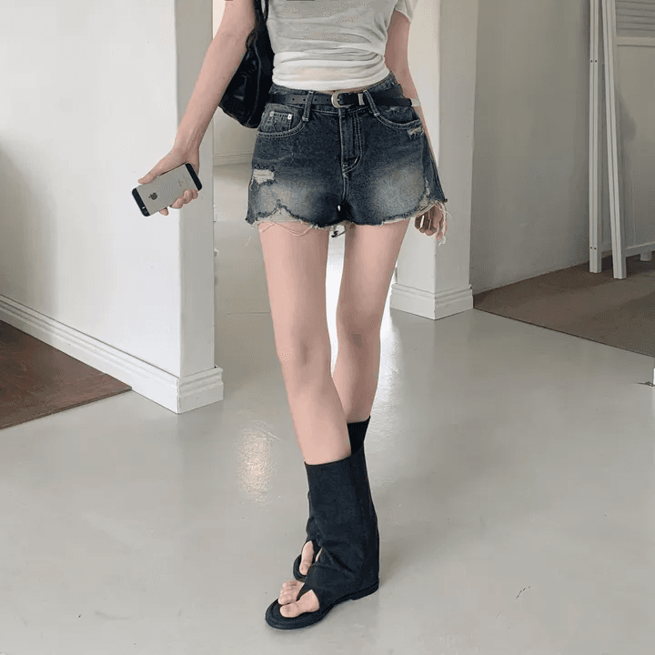 지금 어두운 색 밝은색 검정색 워싱 마 오래된 데님 반바지 핫 바지 상세 이미지 2