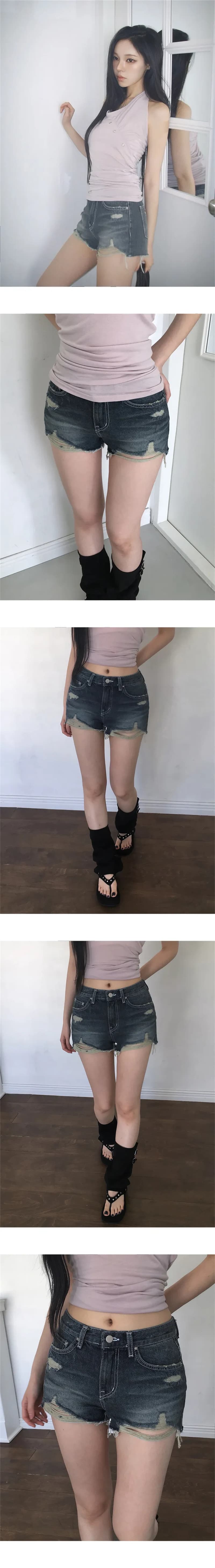 지금 여름 디스플레이 다리 길이 핫걸 찢어진 부분 그리기 거친 가장자리 슬림해 보이는 데님 반바지 상세 이미지 5