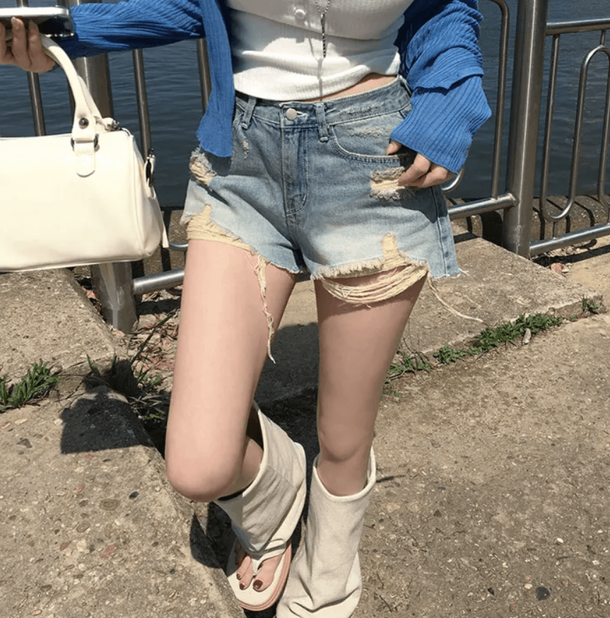지금 여름 디스플레이 다리 길이 핫걸 찢어진 부분 그리기 거친 가장자리 슬림해 보이는 데님 반바지 상세 이미지 7