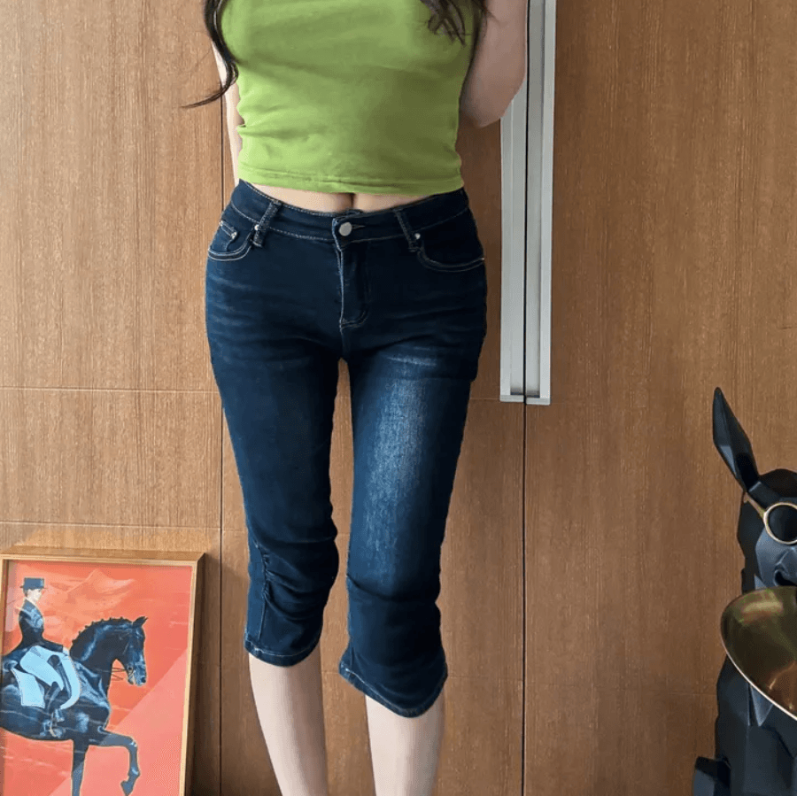 지금 펌프 Pleat 신축성 레트로 중 시안 워싱 표지 고기 7부 바지 청바지 상세 이미지 3
