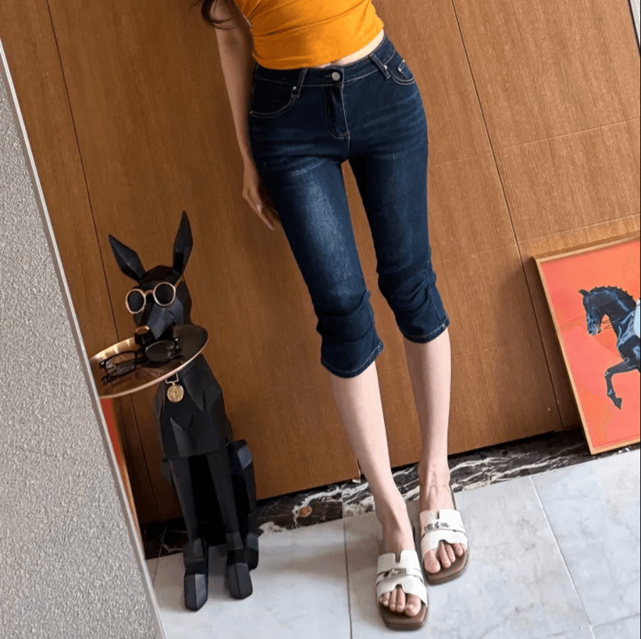 지금 펌프 Pleat 신축성 레트로 중 시안 워싱 표지 고기 7부 바지 청바지 상세 이미지 11