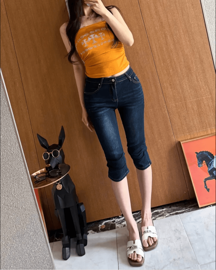지금 펌프 Pleat 신축성 레트로 중 시안 워싱 표지 고기 7부 바지 청바지 상세 이미지 13