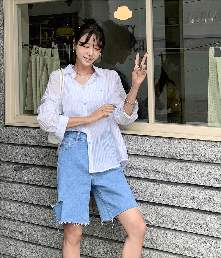 지금 워싱 하프 하이웨이스트 찢어진 부분 거친 가장자리 캐주얼 데님 반바지 이미지 2