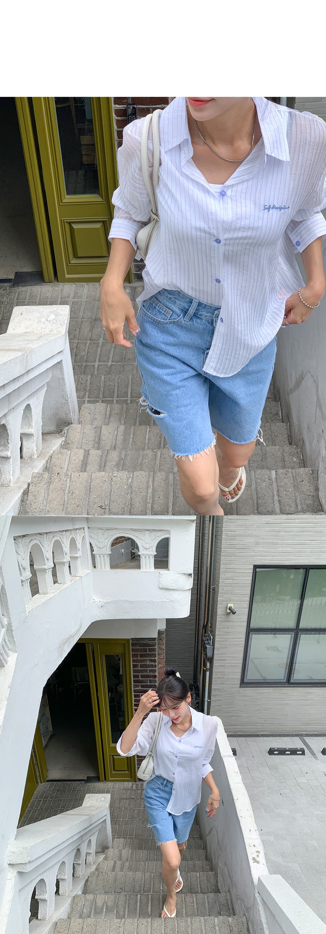 지금 워싱 하프 하이웨이스트 찢어진 부분 거친 가장자리 캐주얼 데님 반바지 상세 이미지 7