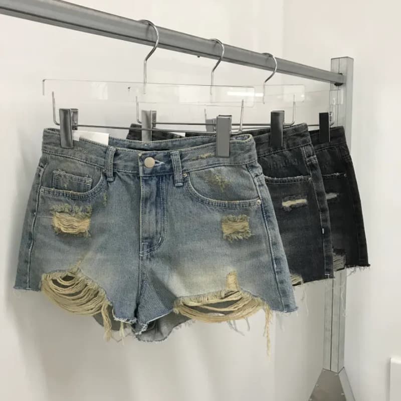 지금 어두운 색 밝은색 검정색 워싱 마 오래된 데님 반바지 핫 바지 이미지 5
