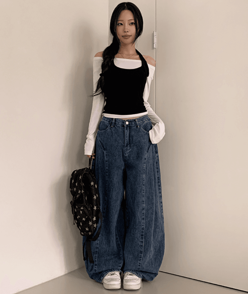 지금 패치워크 와이드 레그 팬츠 일상 다용도 데님 스트레이트 팬츠 상세 이미지 11
