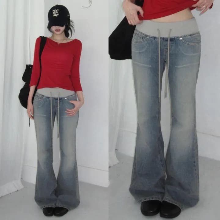 지금 패치워크 색상 허리 머리 패치워크 얇은 스타일 원단 부츠컷 몸매 가꾸기 데님 긴 바지 상세 이미지 1
