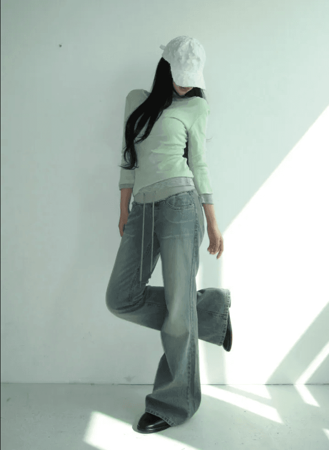 지금 패치워크 색상 허리 머리 패치워크 얇은 스타일 원단 부츠컷 몸매 가꾸기 데님 긴 바지 상세 이미지 13