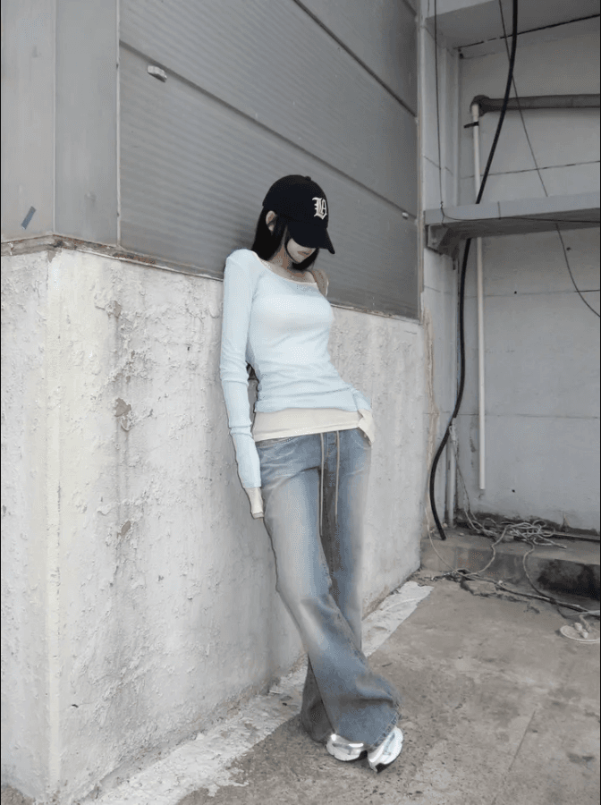 지금 패치워크 색상 허리 머리 패치워크 얇은 스타일 원단 부츠컷 몸매 가꾸기 데님 긴 바지 상세 이미지 23