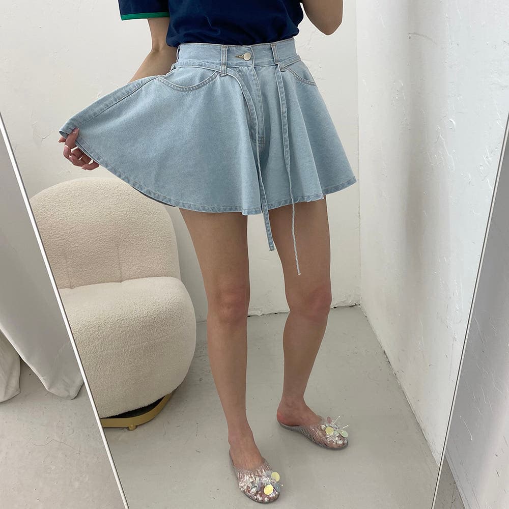 지금 루즈핏 스트랩 나팔 대 넓은 다리 데님 반바지 상세 이미지 1