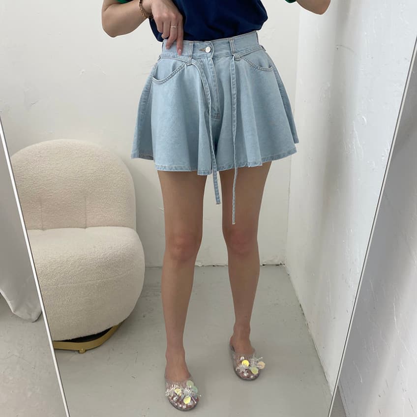 지금 루즈핏 스트랩 나팔 대 넓은 다리 데님 반바지 상세 이미지 20