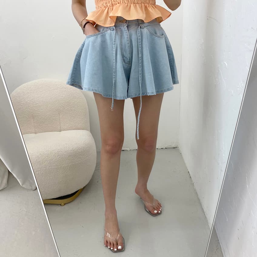 지금 루즈핏 스트랩 나팔 대 넓은 다리 데님 반바지 상세 이미지 21