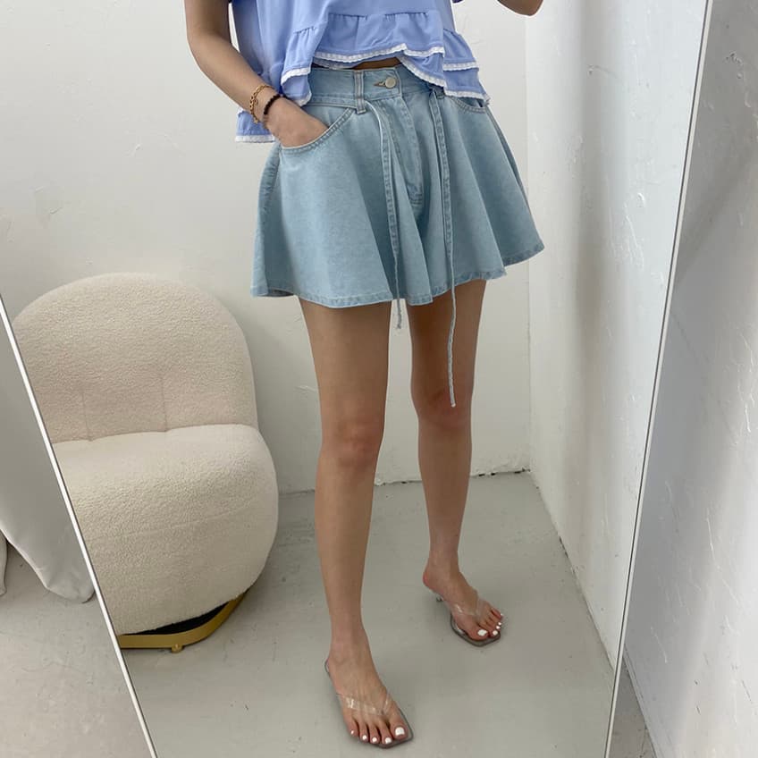 지금 루즈핏 스트랩 나팔 대 넓은 다리 데님 반바지 상세 이미지 24
