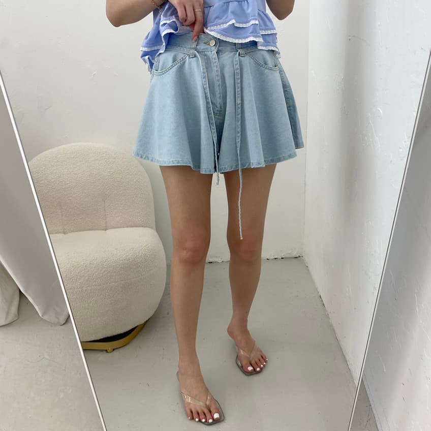 지금 루즈핏 스트랩 나팔 대 넓은 다리 데님 반바지 상세 이미지 29