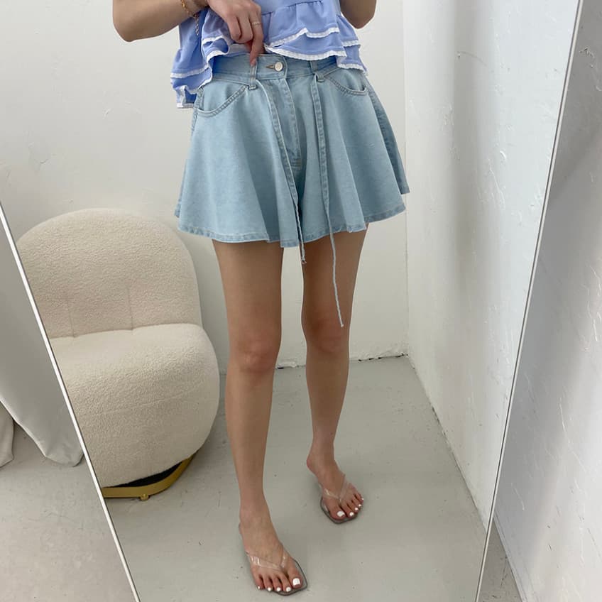 지금 루즈핏 스트랩 나팔 대 넓은 다리 데님 반바지 상세 이미지 30