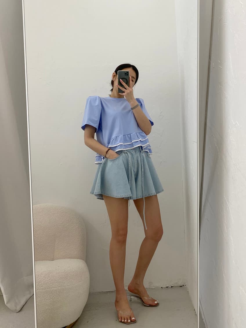 지금 루즈핏 스트랩 나팔 대 넓은 다리 데님 반바지 상세 이미지 32
