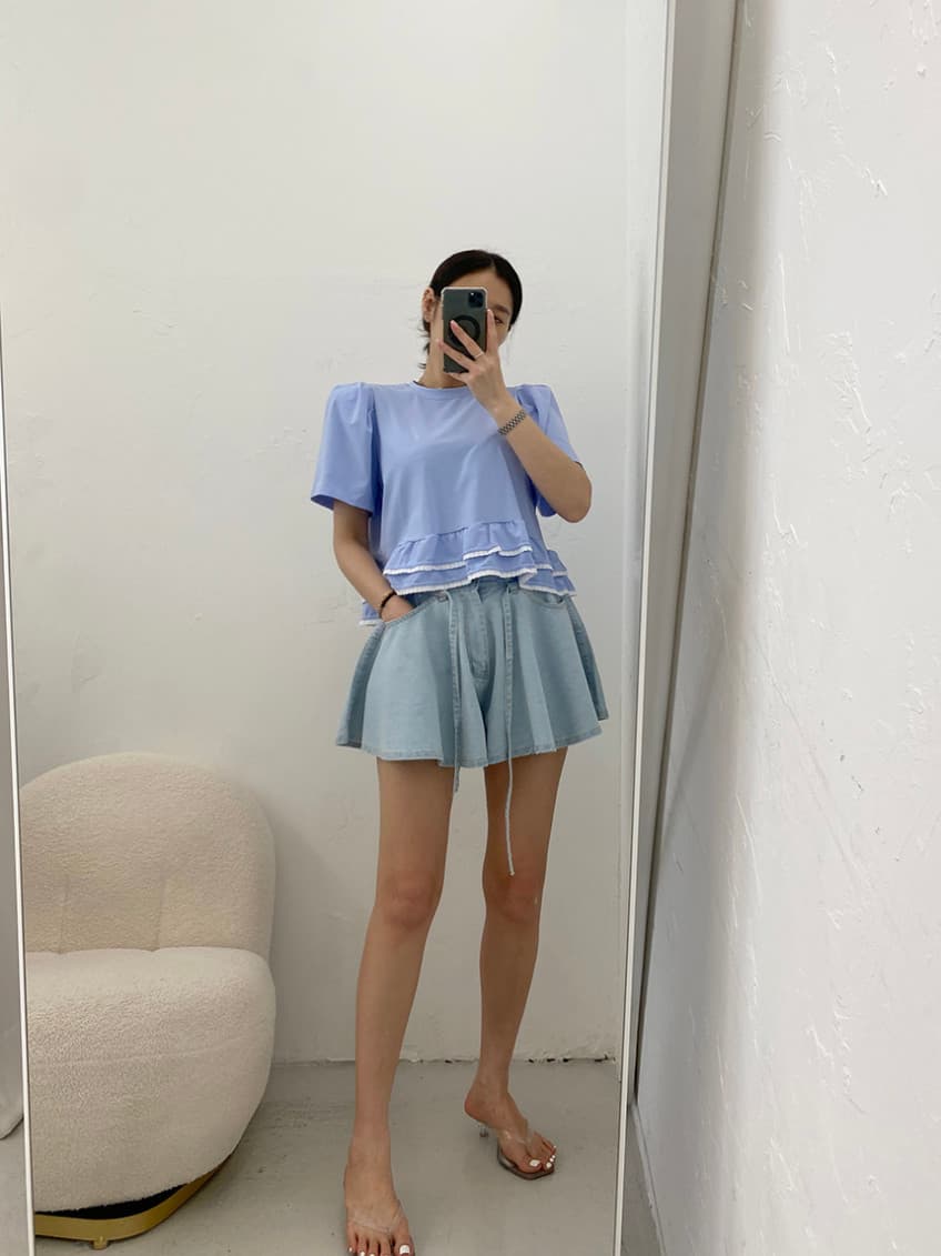 지금 루즈핏 스트랩 나팔 대 넓은 다리 데님 반바지 상세 이미지 33