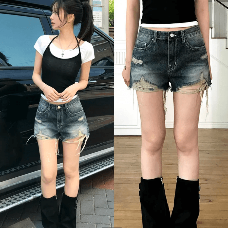 지금 삼색 피해를 주다 찢어진 부분 거친 가장자리 넓은 다리 데님 반바지 상세 이미지 2