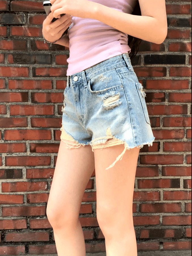지금 삼색 피해를 주다 찢어진 부분 거친 가장자리 넓은 다리 데님 반바지 상세 이미지 14