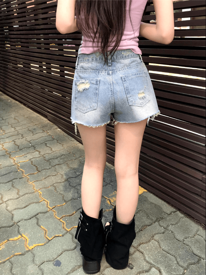 지금 삼색 피해를 주다 찢어진 부분 거친 가장자리 넓은 다리 데님 반바지 상세 이미지 17