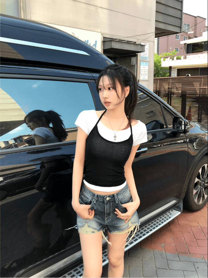 지금 삼색 피해를 주다 찢어진 부분 거친 가장자리 넓은 다리 데님 반바지 상세 이미지 24