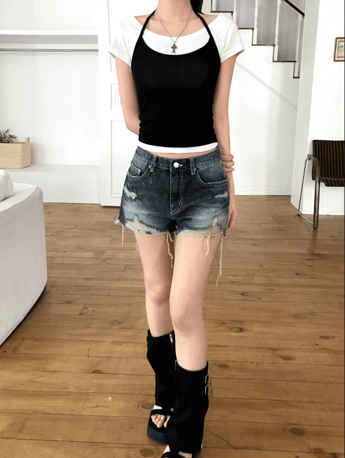 지금 삼색 피해를 주다 찢어진 부분 거친 가장자리 넓은 다리 데님 반바지 상세 이미지 30