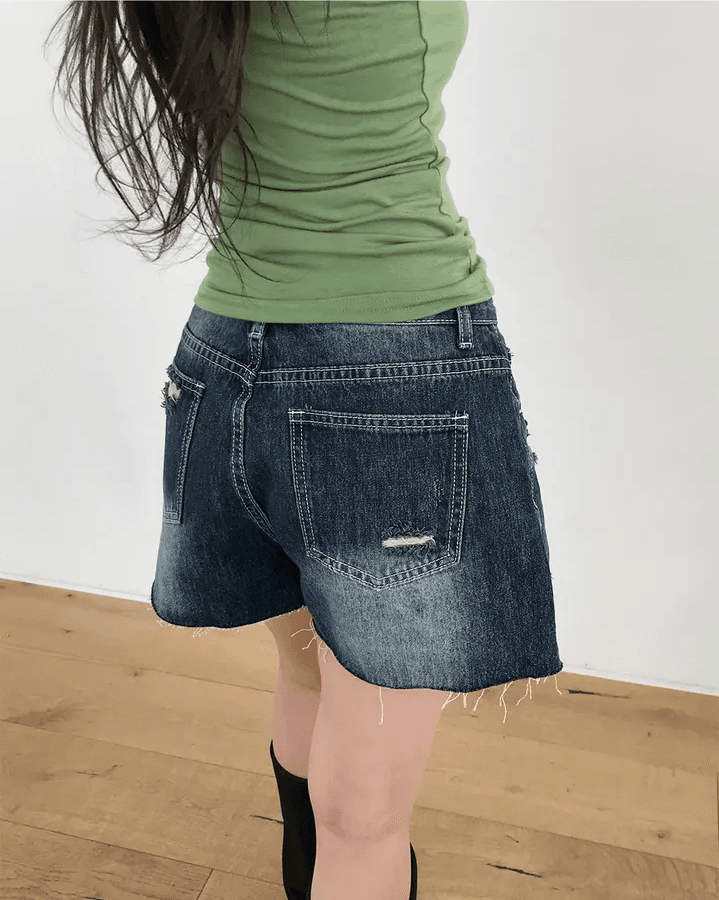 삼색 지금 레트로 워싱 찢어진 그리기 거친 가장자리 데님 반바지 상세 이미지 5