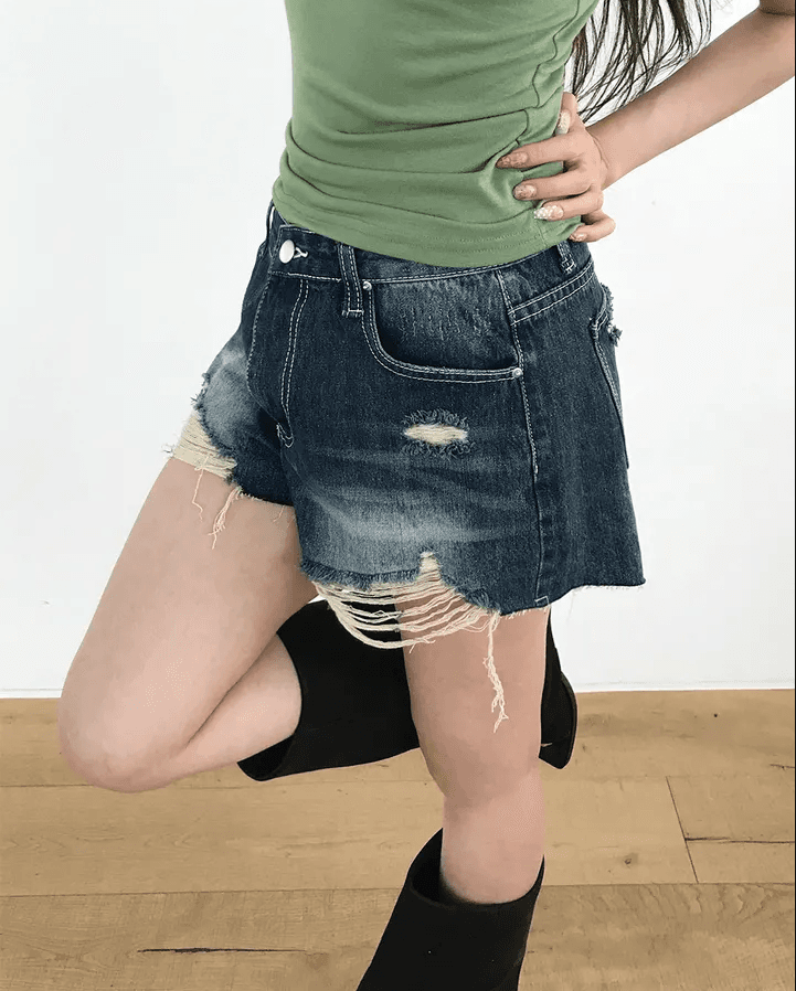 삼색 지금 레트로 워싱 찢어진 그리기 거친 가장자리 데님 반바지 상세 이미지 6
