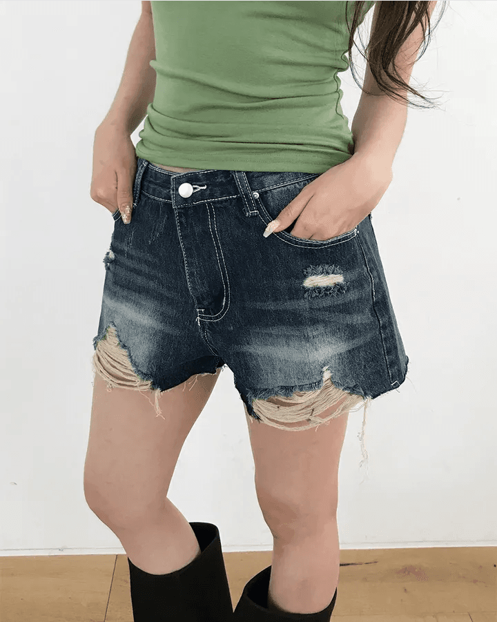 삼색 지금 레트로 워싱 찢어진 그리기 거친 가장자리 데님 반바지 상세 이미지 10