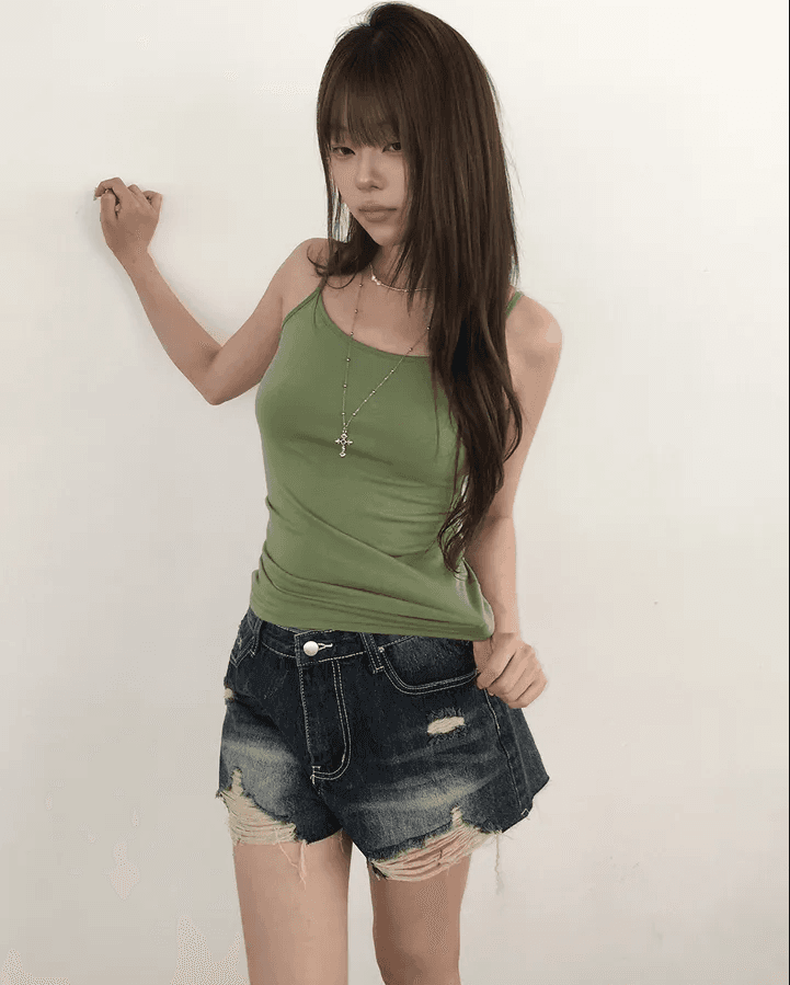 삼색 지금 레트로 워싱 찢어진 그리기 거친 가장자리 데님 반바지 상세 이미지 11