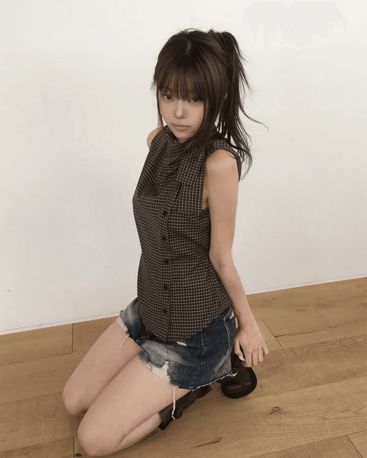 삼색 지금 레트로 워싱 찢어진 그리기 거친 가장자리 데님 반바지 상세 이미지 15