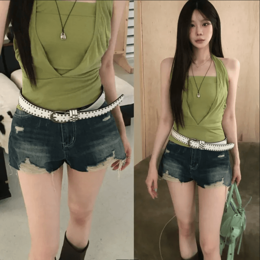 삼색 지금 피해를 주다 찢어진 부분 거친 가장자리 넓은 다리 데님 반바지 이미지 2