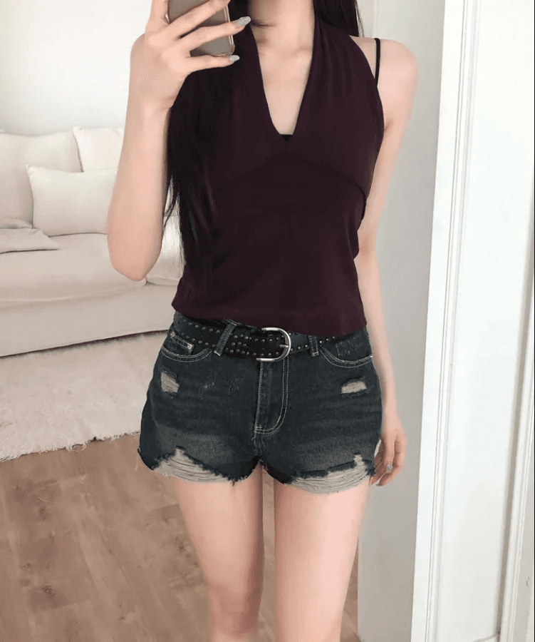 삼색 지금 피해를 주다 찢어진 부분 거친 가장자리 넓은 다리 데님 반바지 상세 이미지 6