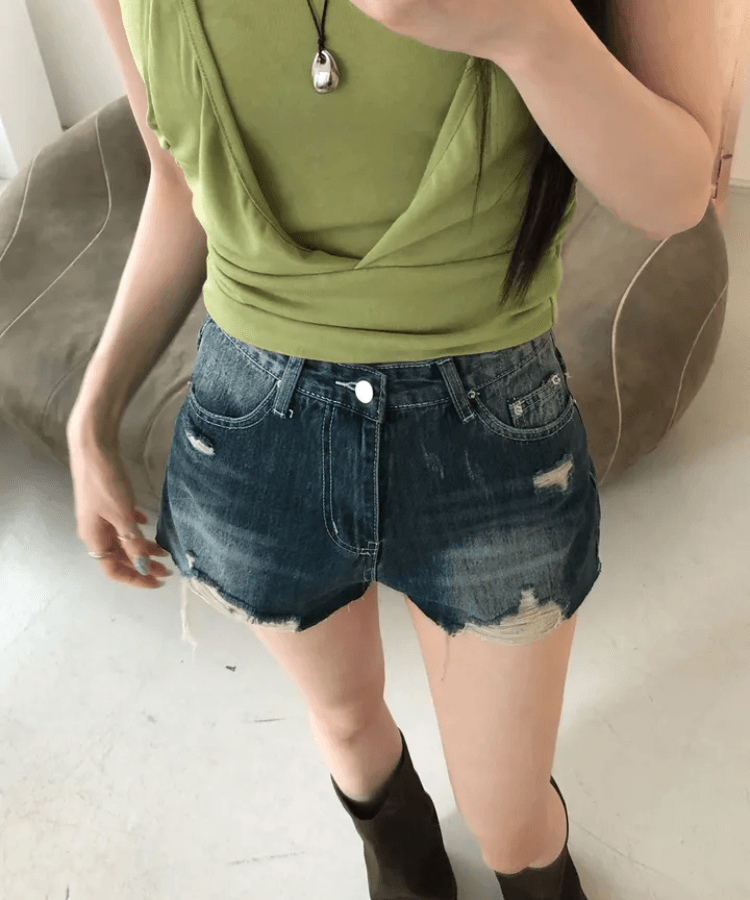 삼색 지금 피해를 주다 찢어진 부분 거친 가장자리 넓은 다리 데님 반바지 상세 이미지 16