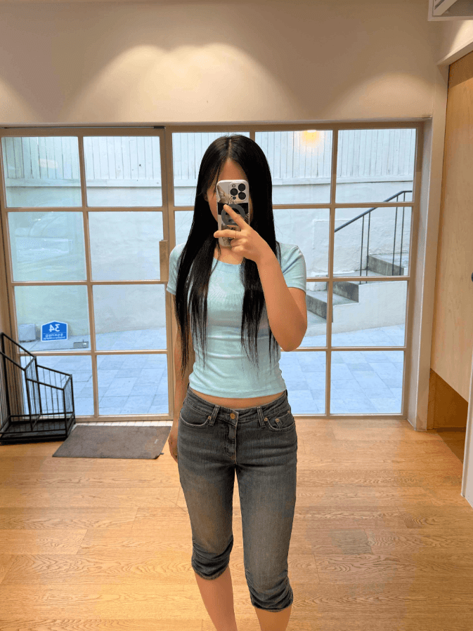 지금 레트로 몸매 가꾸기 깊은 색상 시스템 사선 무늬 데님 반바지 7부 바지 상세 이미지 9