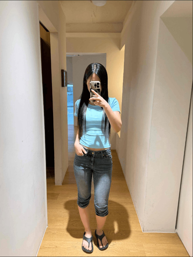 지금 레트로 몸매 가꾸기 깊은 색상 시스템 사선 무늬 데님 반바지 7부 바지 상세 이미지 10