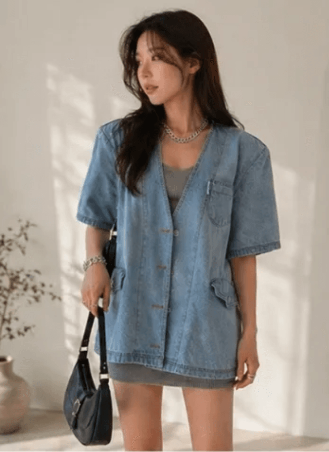 지금 루즈핏 종류 싱글 줄 버튼 반팔 셔츠 재킷 상세 이미지 5
