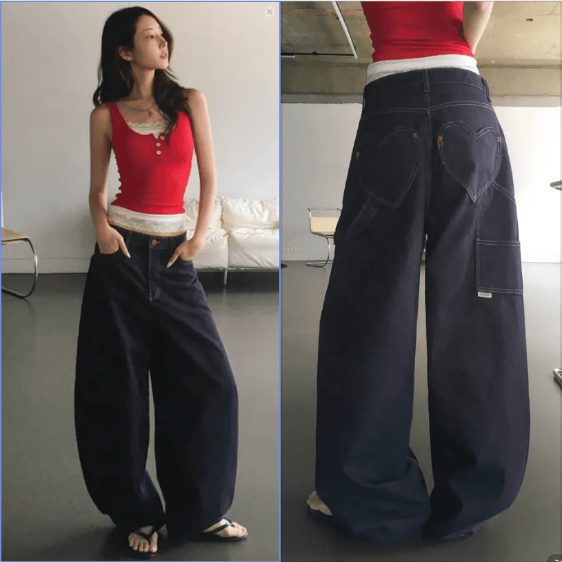 둘 색상 지금 단색 레트로 펌프 로프 빅 포켓 워크웨어 스트레이트 루즈핏 청바지 상세 이미지 1