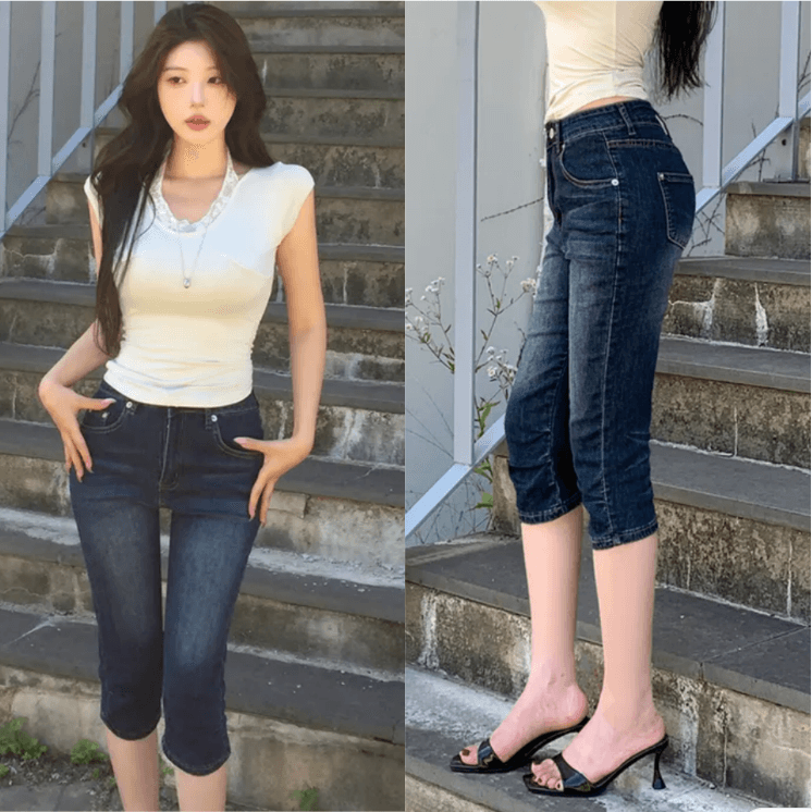 지금 레트로 워싱 무릎 주름 타이트 7 점 데님 반바지