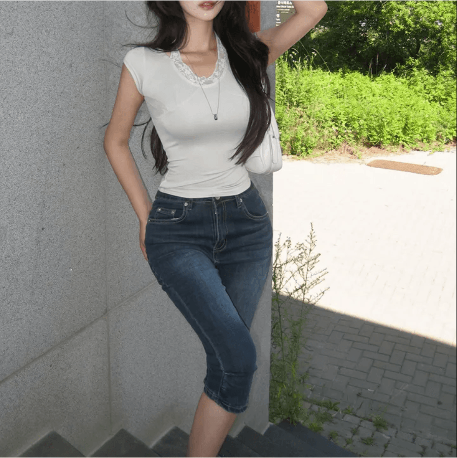 지금 레트로 워싱 무릎 주름 타이트 7 점 데님 반바지 이미지 2