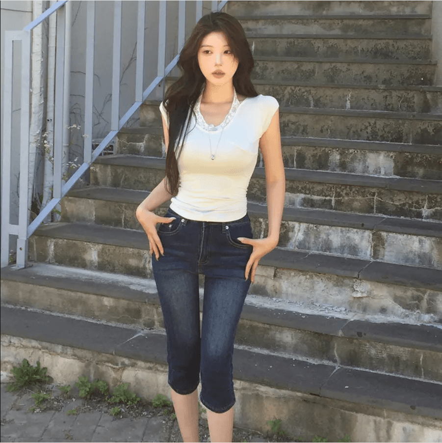 지금 레트로 워싱 무릎 주름 타이트 7 점 데님 반바지 상세 이미지 3