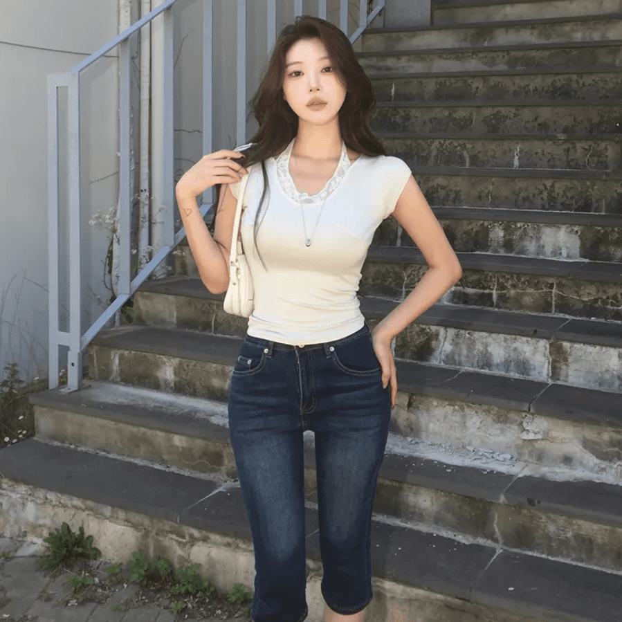 지금 레트로 워싱 무릎 주름 타이트 7 점 데님 반바지 상세 이미지 6