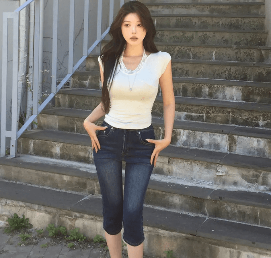 지금 레트로 워싱 무릎 주름 타이트 7 점 데님 반바지 상세 이미지 8