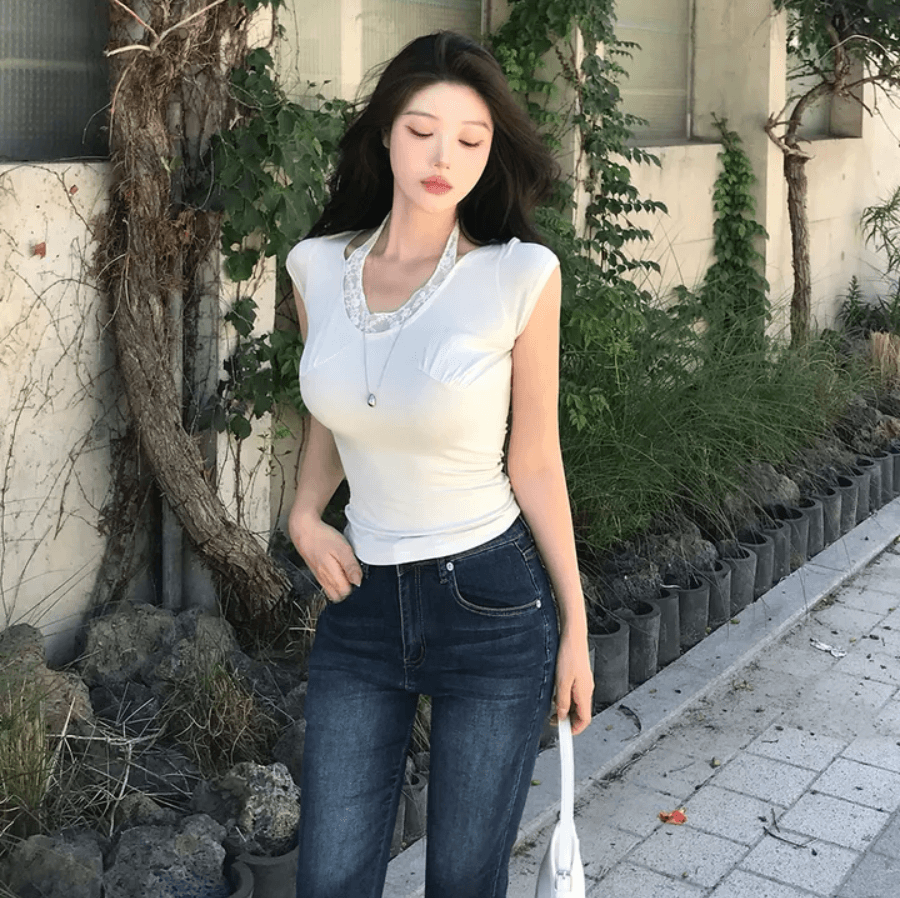 지금 레트로 워싱 무릎 주름 타이트 7 점 데님 반바지 상세 이미지 9
